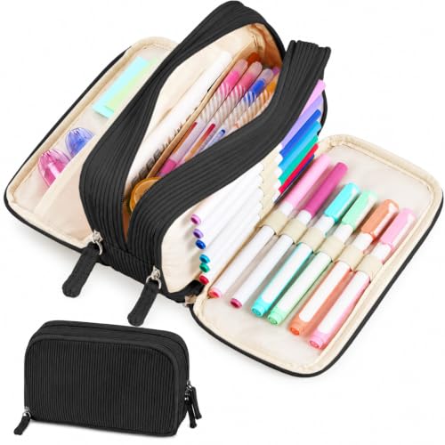 Sooez Big Capacity Pencil Case Pen Pouch, Soft Corduroy Pencil Bag - color: Black