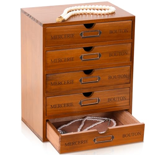 Wesiti Wooden Desk Organizer, 5 Drawers, Vintage Makeup Cabinet, Brown - color: Brown, size: 5 Drawers