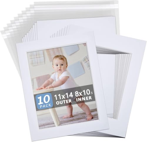 Somime 10 Pack White Mat Set 11x14 for 8.5x11 with White Core Bevel Cut - size: 11x14 10pack white complete set for 8.5x11