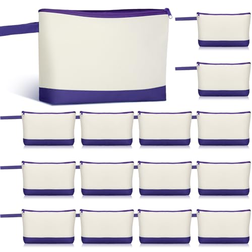 Silkfly 15 Pcs Cotton Canvas Makeup Bags Cosmetic Zipper Bags 10.2 x 5.5 x 2'' Blank DIY Pouch Bulk Pencil Case with Bottom Travel Toiletry Pouch for Women Craft Decor Gift (Beige and Purple) - color: Beige and Purple