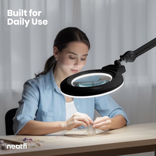 Neatfi XL LED Magnifying Lamp, Hands-Free, Dimmable, Crafts, Reading, Close Work (Black, Non-CCT with Base) - color: Black, size: 7-inch Lens, Non-CCT with Base