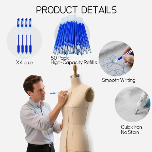Disappearing Fabric pen for Sewing & Quilting | 4 Blue Pens + 50 Blue Refills | Heat Erasable Ink, Sewing Kit, Embroidery Supplies, Dressmaking Tools | High Volume Refill Pack