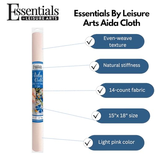 Essentials By Leisure Arts Aida Cloth, 14 Count, Light Pink, Cross Stitch Fabric, Embroidery Fabric, Cross Stitch Supplies for Crafting, Stitching, and Sewing Projects 15X18