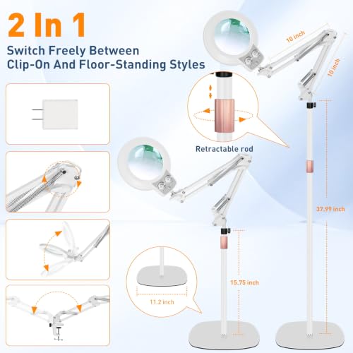KIRKAS Magnifying Floor Lamp, 12X 11.2in Stable Base 2 in 1 Magnifier White - color: White, size: 11.2inch