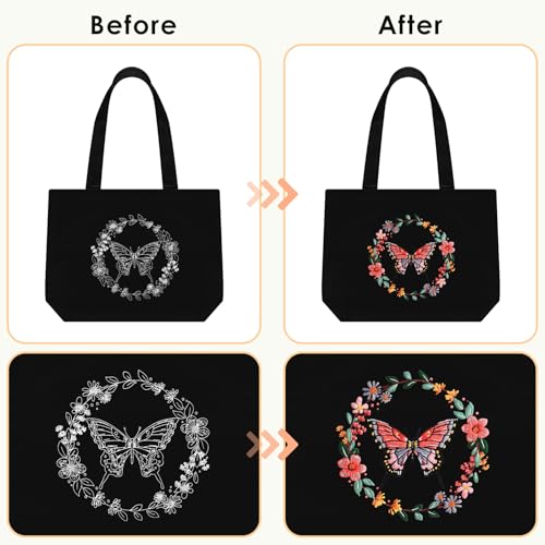 ERKOON Embroidery Canvas Tote Bag for Beginners, Floral Arts Crafts Cross Stitch Kits for Adults Including Stamped Embroidery Bag with Hoops, Needle, Instruction and Color Threads (Butterfly) - color: Butterfly