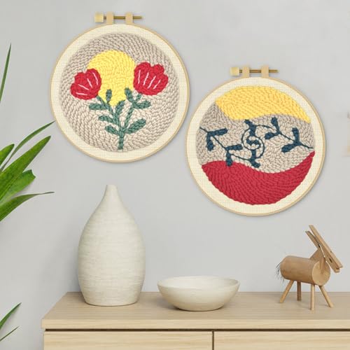 ERKOON Punch Needle Kit Adults Beginners, 2 Pcs DIY Easy Floral Embroidery Set for Starter Art Craft, Needling Punching Project with Patterns, Tools, Yarns, Hoop, Instruction (Rose) - color: Rose
