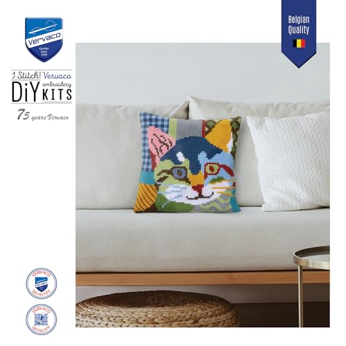Vervaco Cross Stitch Cushion Kit Modern Cat 16" x 16" - size: 40.0 x 40.0 x 0,3 cm