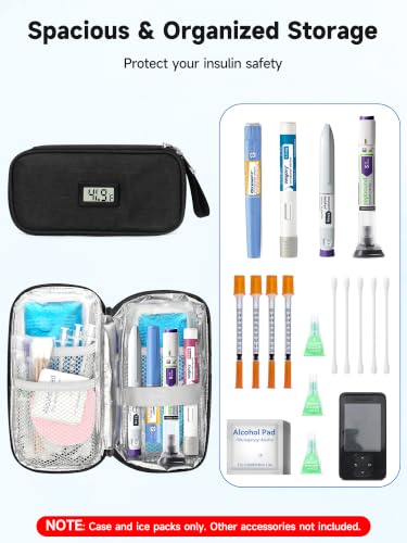 YOUSHARES Insulin Cooler Travel Case - TSA Approved Diabetic Medication Pen Cooling Bag with Temperature Display, Refrigerated Peptide Supplies Organizer Insulated Storage Kit with 2 Ice Pack - color: 11_Black
