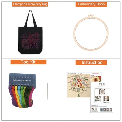 YANGSHINE Canvas Tote Bag Embroidery Kit with Pattern, Cross Stitch Kits for Beginners, Adults Arts Crafts Needlepoint Kit Include Embroidery Bag, Hoop and Instruction (Beige Bag, Flower and Bee) - color: Beige Bag, Flower and Bee