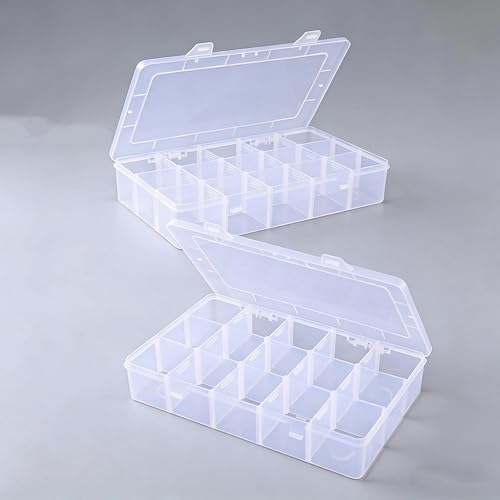 2 Pack Plastic Organizer Box with 14 Removable Dividers,15-Compartment Clear Storage Box for Crafts, Beads, Jewelry & Small Parts (10.5x6.5x2.2 Inches)
