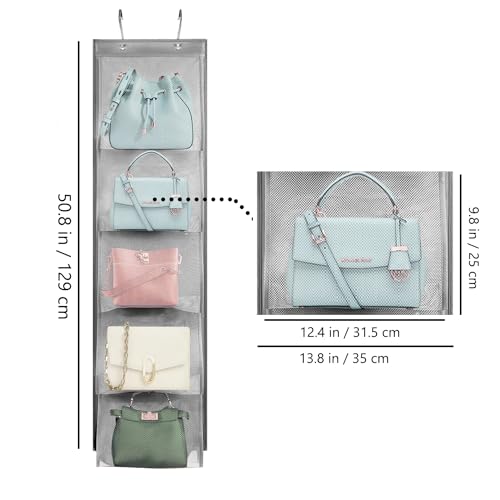 2 Pack Over the Door Hanging Vinyl Organizer Embroidery Stabilizer Holder Purse Storage for Closet Bath Towel Hanger Scarf Container 5 Large Pockets (One Side)