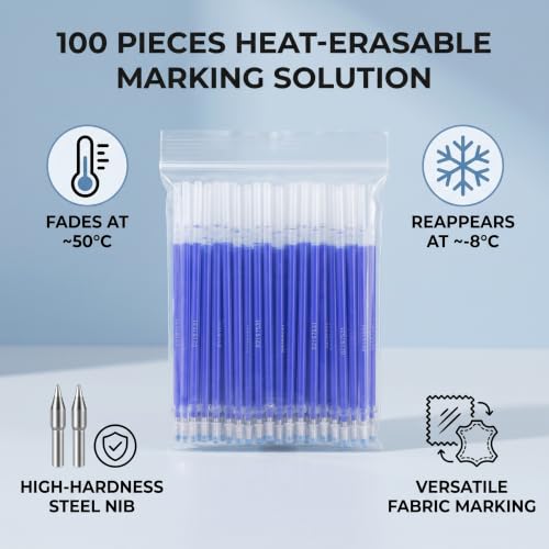 100pcs Heat Erasable Pen Refills, 100pcs Blue High Temperature Disappearing Pen, Heat Erasable Marker Tailoring Accessories for Dressmaking Tailors Sewing Quilting Tool