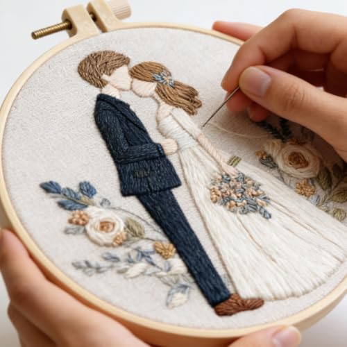 HCANPER Sweet Couple Embroidery Starter Kit, Valentine's Day Gifts，DIY Needle Punch Kit, Punch Needle Kits for Beginners,Include Pre-Printed Fabric,Tools,Embroidery Hoop,Threads. (Three) - color: Three