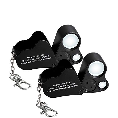 Jiusion 2 Pack Black Portable LED Lighted 30X 60X Jewelry Magnifier Loupe - color: Black, size: 2 Pack