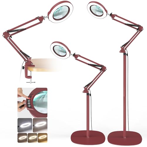 12X Real Glass Magnifying Glass with Light and Stand, LED 5 Color Modes, Stepless Dimmable Magnifying Floor Lamp, 3-in-1 Adjustable Swing Arm Lighted Magnifier Lamp with Clamp for Craft - Red - color: Red