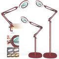12X Real Glass Magnifying Glass with Light and Stand, LED 5 Color Modes, Stepless Dimmable Magnifying Floor Lamp, 3-in-1 Adjustable Swing Arm Lighted Magnifier Lamp with Clamp for Craft - Red - color: Red