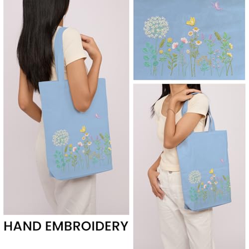 CREAWONDER Canvas Tote Bag Embroidery Kit with Pattern for Beginners, Arts and DIY Embroidery Crafts Kits for Adults, Include Instructions, Embroidery Hoops, Color Threads and Tool - color: CR002 banmeng lightblue