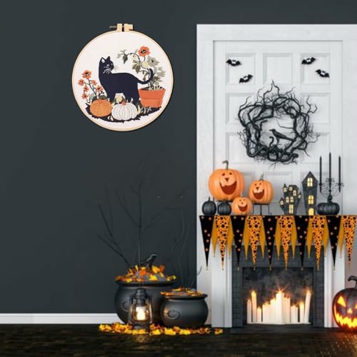 IUHUI Embroidery Kit for Beginners Adults - Black Cat and Pumpkin Themed Halloween Easy Patterns, DIY Hand Stitching Embroidery Set with Hoop (Black Cat Pumpkin Flower) - color: Black Cat Pumpkin Flower