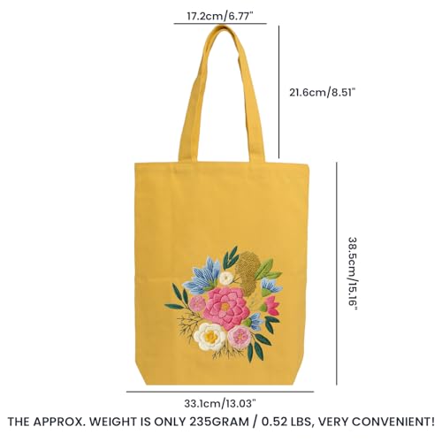 CREAWONDER Canvas Tote Bag Embroidery Kit with Pattern for Beginners, Arts and DIY Embroidery Crafts Kits for Adults, Include Instructions, Embroidery Hoops, Color Threads and Tool - color: CR002 qingqingziyan yellow