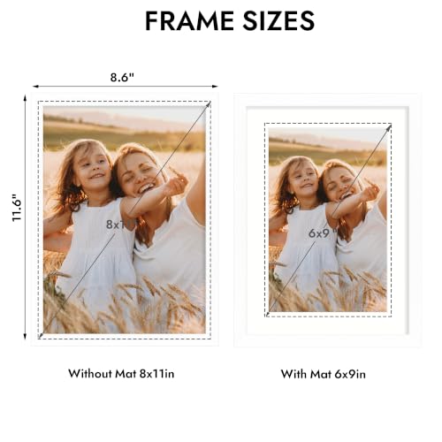 Hongkee 8x11 Picture Frame, Solid Wood Frame with Real Glass, 6x9 Mat - color: White, size: 8 x 11