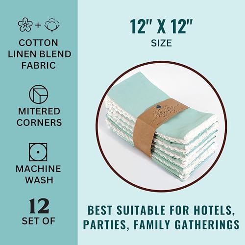FINGERCRAFT Lace Cloth Napkins, Cotton Linen, 12 Pack, 20x20 Inch, Aqua - color: Aqua, size: 12" x 12" (Set of 12)