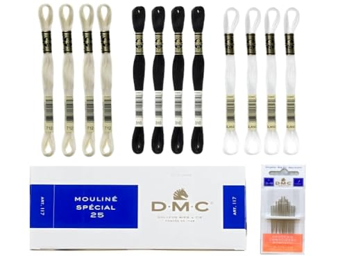 DMC Embroidery Floss Mouline Special Black (310), Cream(712), White(Blanc) -3 Colors Thread Bundle with DMC Embroidery Hand Needles 3-9, INCELER Supplies