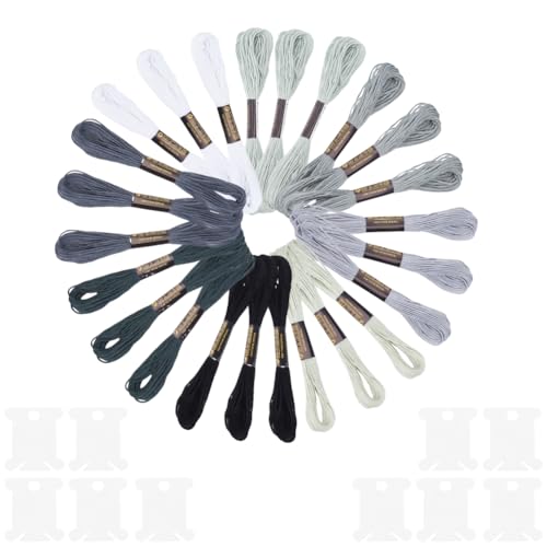 24 Skeins 6 Strands Variegated Grey Cross Stitch Threads Embroidery Floss Gradient Friendship Bracelets Yarn String Bulk with Floss Bobbins for Hand Sewing Jewelry Knitting Crafts Crochet - color: Dark Gray