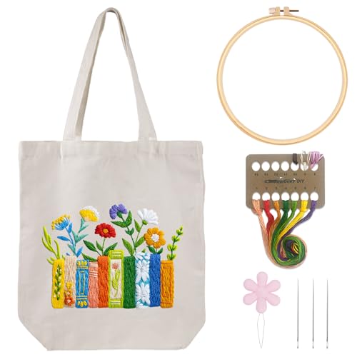 Louise Maelys Book and Flowers Embroidery Kit Canvas Tote Bag for Beginners - color: books flowers