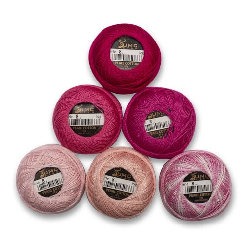 6 Balls Premium Pearl Cotton Embroidery Thread Size 8 | 100% Egyptian Cotton Crochet Yarn | Cross Stitch Embroidery Yarn | Oeko TEX Certified | 10 Grams per Ball (Pink Tones) - color: Pink Tones