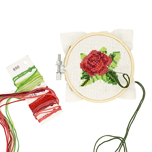 Kikkerland DIY Mini Cross Stitch Rose Embroidery Craft Starter Kit Set, with Pattern Instructions, 3" Bamboo Hoop, Stress Relief, Adult Beginner Friendly - color: Rose