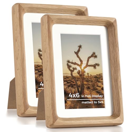 RICHFOCUS 4x6 Picture Frame USA-Sourced Natural Oak Solid Wood Photo Frame Handcrafted Rounded Corner Wooden Frame with Real Glass Display Photos 3x5 with Mat or 4x6 Without Mat, 2PCS - color: Oak, size: 4x6-2PCS