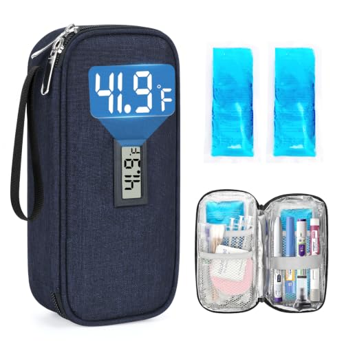 YOUSHARES Insulin Cooler Travel Case - TSA Approved Diabetic Medication Pen Cooling Bag with Temperature Display, Refrigerated Peptide Supplies Organizer Insulated Storage Kit with 2 Ice Pack - color: 11_Blue