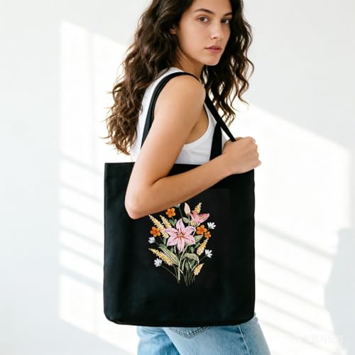 MAKHOT Canvas Tote Bag Embroidery Kit for Beginners,Cross Stitch Kits for Adults,Embroidery Bag Women(Black) - color: Black