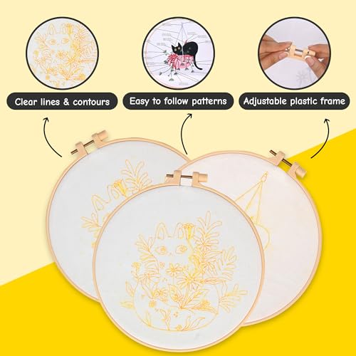 The ZenStore Embroidery Kit for Beginners – Black Cats & Kittens 3 Pattern Set – Complete DIY Needlepoint Kit with Hoops, Thread, Fabric, and Tools – Cute Animal Cat Embroidery Gift - color: Cats & kittens