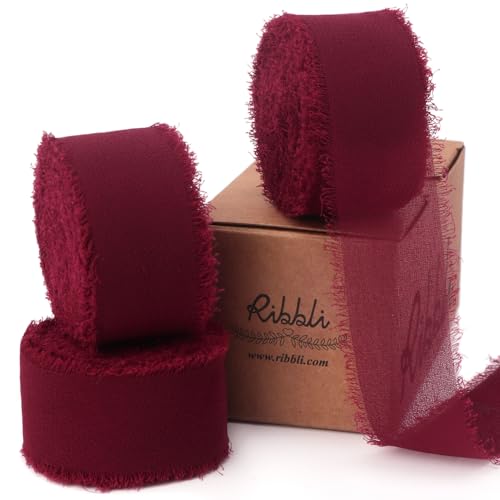 Ribbli Burgundy Ribbon 1 Inch x 3 Rolls Total 24 Yards Handmade Fringe Chiffon Silk Ribbon for Wrapping Wedding Invitations Bridal Bouquets DIY Crafts Home Decor - color: Burgundy