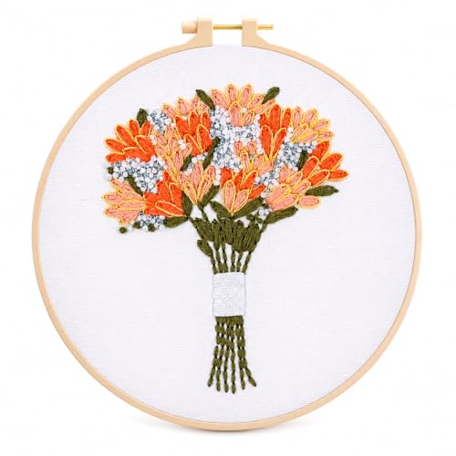 Flower Bouquet Embroidery Kit Beginners, DIY Hand Embroidery Set with Hoop