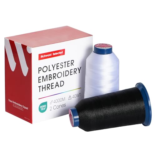 Poolin White and Black Embroidery Thread, Huge Spool Richword Selected 2 Rolls 4000M(4374Y) 40WT Polyester Thread for All Embroidery Machines(White+Black) - color: White+Black