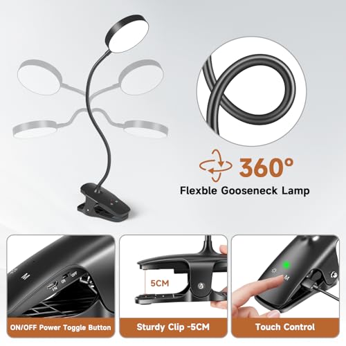 Mubarek Clip on Lamp,5 Brightness+5 Color Clip on Light,200LM 36 LED Reading Lights for Books in Bed,1800mAh Battery Powered Lamp Battery Operated Lights,Rechargeable Desk Lamp with Clamp Light - color: Black