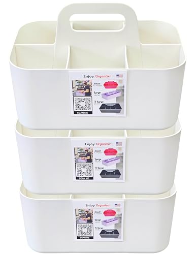 3 Pack Small 6 Compartment Multiuse Caddy Organizer with Handle Art Craft Supplies, Office, Desk, Stationery Pen Holder Stackable- Made In USA (Ivory) - color: Ivory