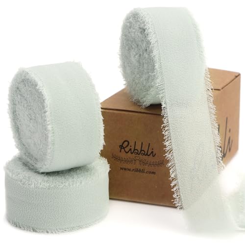 Ribbli Creamy Sage Ribbon 1 Inch x 3 Rolls Total 24 Yards Light Green Handmade Fringe Chiffon Silk Ribbon for Wrapping Wedding Invitations Bridal Bouquets DIY Crafts Home Decor - color: Creamy Sage