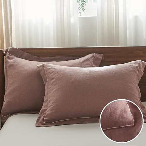 Simple&Opulence 100% French Linen Pillowcases with Embroidery – Pack of 2, Washed Solid Color Natural Flax, Soft & Breathable - Purple, 20'' x 26'' - color: Purple, size: Queen