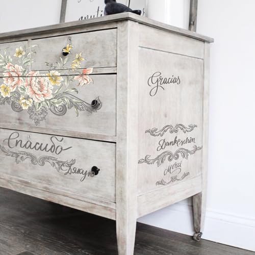 Floral Rub on Transfer for Furniture Wood Glass DIY - color: Peony and Quote
