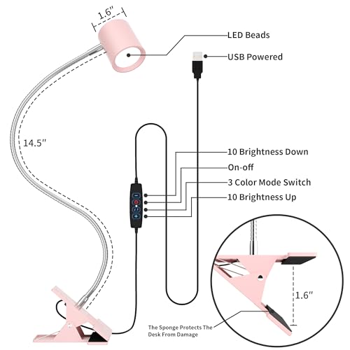 Dott Arts Desk Lamp,USB Clip On Light with 3 Color Modes,LED Reading Lamp - color: Pink