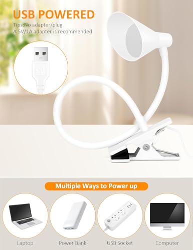 Clip on Light USB Reading Light for Bed with Clamp, Dimmable Reading Lamp - color: White