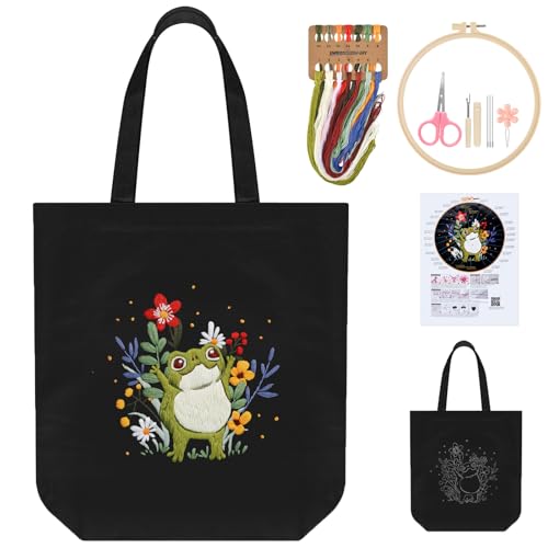 ERKOON Canvas Tote Bag Embroidery Kit for Beginners, Needlepoint Arts Crafts Cross Stitch Kits for Adults Including Stamped Embroidery Bag with Hoops, Needle, Instruction and Color Threads (Frog) - color: Frog