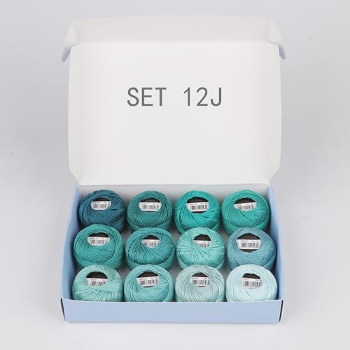 Size 8 Double Mercerized Egyptian Long Staple Cotton Pearl Thread 12 Gradient Colors per Box 5 Grams Ball Rainbow Color Embroidery Thread for Crochet Cross Stitch Hand Embroidery (12J) - color: 12J