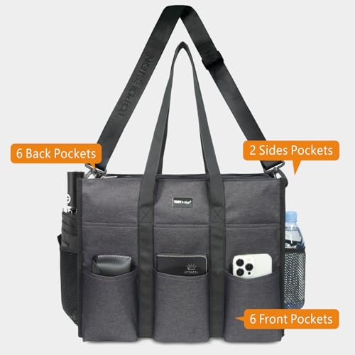 TOPDesign Utility Water Resistant Tote Bag with 22 Pockets, Zipper Closure - color: Grey, size: Medium