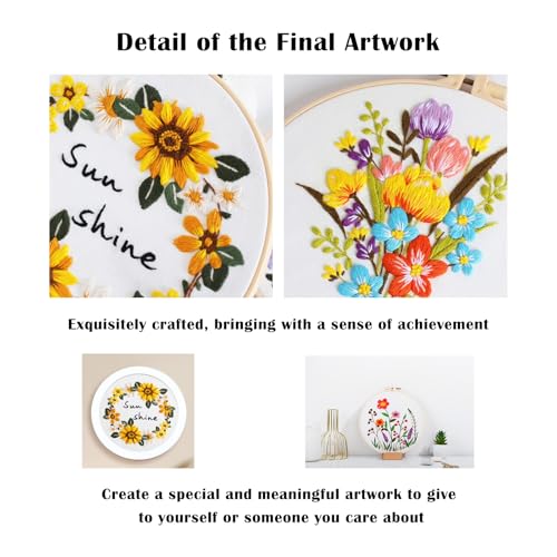 Vigdit 4 Pack Embroidery Kit for Beginners, Needlepoint Cross Stitch Kit for Adult Beginner, Easy DIY Hand Embroidery Starter Kit with Stamped Floral Pattern Embroidery Hoop Tools and Instruction