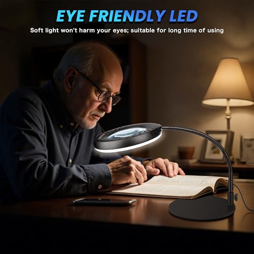 Akynite 12X Magnifying Glass with Light and Stand,5 Color 9 Levels Dimmable