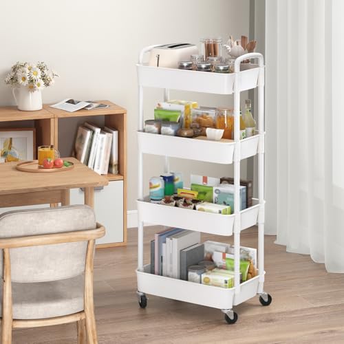 Sywhitta 4-Tier Plastic Rolling Utility Cart with Wheels for Storage,White - color: White, size: 4-tier